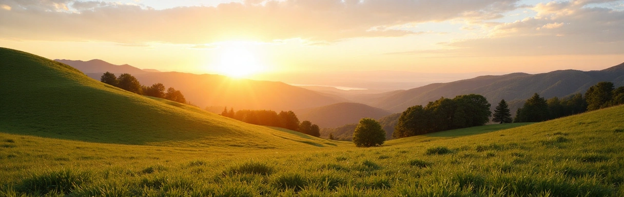 A serene landscape with a sunrise over rolling hills, symbolizing purity and new beginnings for GlowPure.