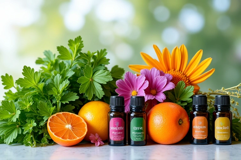 A collage of natural ingredients like herbs, flowers, and essential oils, arranged beautifully to represent GlowPure's product origins.