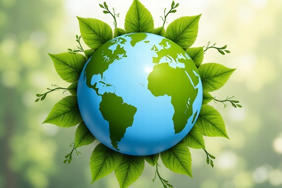 A globe with green leaves growing around it, symbolizing environmental sustainability and eco-friendly practices.