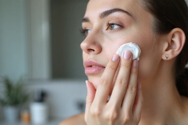 A woman applying a skincare product to her face, representing a beauty routine.
