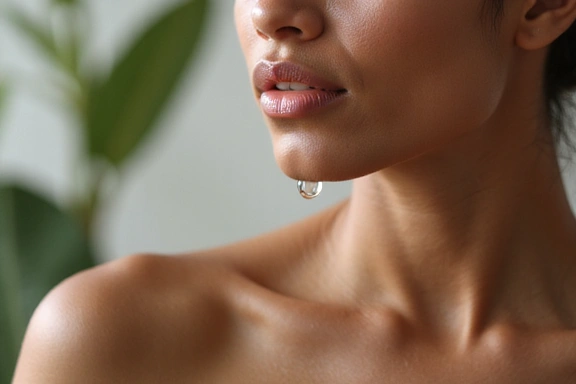 Close-up of natural, glowing skin with a drop of serum, emphasizing purity and effectiveness.