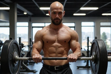 Muscular man lifting weights in a modern gym, focusing on body support and strength.